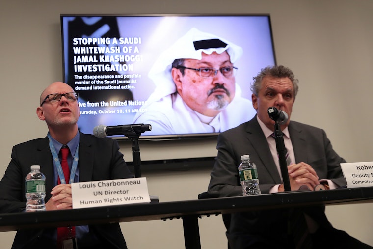 Representatives from Human Rights Watch and the Committee to Protect Journalists hold a news conference on the disappearance of journalist Jamal Khashoggi in New York on October 18, 2018.
© Shannon Stapleton/Reuters/Redux Two men seated and speaking in microphones
