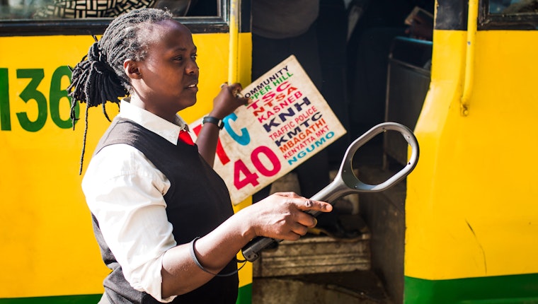 A member of a women-led organization dedicated to ending violence against women and girls in public spaces, near Nairobi, Kenya. Photo credit: © Monika Korczewski A woman working for a bus company